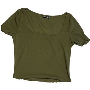 Shein Crop Top T Shirt Women’s Size S Rib Corded Knit Summer Herbal Green